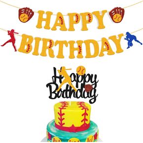 Softball Birthday Decorations Happy Birthday Banner Softball Cake Topper Fastpitch Pitcher Baseball Sport Player Theme Girl Women Boy Kids Bday Party Supplies