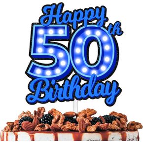 Blue Glitter Happy Birthday 17th Cake Topper Let’s Glow Crazy Party Theme Decoration Supplies Men Women Happy Birthday 17 Anniversary Party Decor Supplies