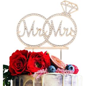 Mr & Mrs Cake Topper For Wedding Anniversary Rings Crystal Rhinestone Party Decoration (Gold)