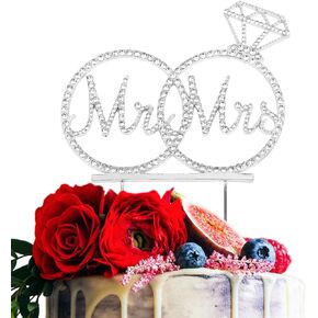 Mr & Mrs Cake Topper For Wedding Anniversary Rings Crystal Rhinestone Party Decoration (Gold)