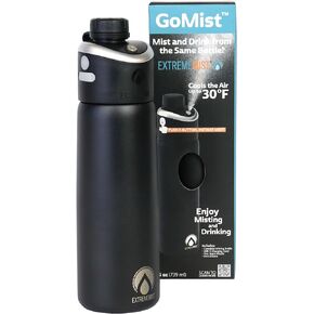 ExtremeMIST - GoMist Misting & Drinking Bottle - Personal Mister - Cooling Water Bottle w/Easy-Drink Spout - Stainless-Steel Double Wall Insulation - Portable Mist Bottle - Midnight Black, 25oz/750ml