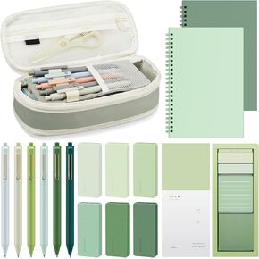 Sage Green School Supplies Aesthetic Book Annotation Kit Pencil Case with 6 Black Ink Gel Pens 2 Spiral Notebook 6 Correction Tape 480 Sticky Notes Aesthetic Stationery Set for Study