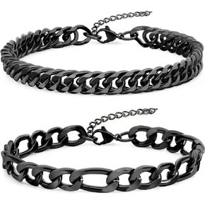 2PCS Cuban Link Figaro Bracelet for Men, Silver Gold Black Sturdy 316L Stainless Steel Cuban Link Chain with 2-inch Extension Chain Jewelry Set with Gift Message Card 8mm