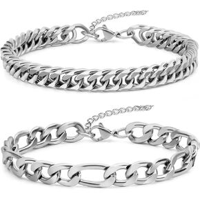 2PCS Cuban Link Figaro Bracelet for Men, Silver Gold Black Sturdy 316L Stainless Steel Cuban Link Chain with 2-inch Extension Chain Jewelry Set with Gift Message Card 8mm