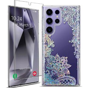 حافظة Coolwee Clear Glitter لهاتف Galaxy S24 Ultra - 6.8 بوصة، مقاومة للصدمات رفيعة ورفيعة من الدانتيل الكريستالي اللامع للنساء بظهر صلب ناعم من مادة TPU غطاء واقٍ لهاتف Samsung S24 Ultra Mandala Henna in Kuwait