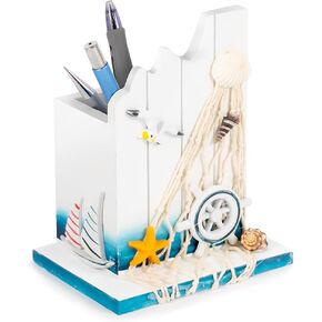 Pen Holder - Sailing Themed Pencil Organizers Wooden Desk Decor for Office 1 Pack Nautical Rudder Supplies Pen Container Mediterranean Style