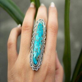 QUSIIOSLK Vintage Sterling Silver Ring with Genuine Turquoise Long Cut Natural Bohemia Turquoise Moonstone Solitaire Rings Jewelry for Women Size 6-10(Size-10)