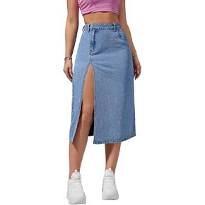 Verdusa Women's High Waisted Denim Midi Skirts Split Jean Skirts with Pockets