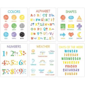HLNIUC Colorful Kid Educational Wall Decor(8"x10"x6pcs,Framed) Numbers, Alphabet, Weather, Shapes, Days Of The Week, ABC Wall Art, Toddlers Learning Posters, Number Chart For Playroom, Classroom