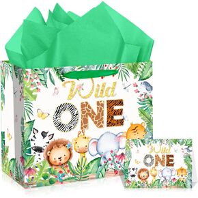 Yoirrat Wild One Birthday Decorations Large Wild One Gift Bags with Greeting Card for Boys 1st Birthday Wrapping Paper Bag Woodland Animal Print Gift Bag Baby Shower Christmas Birthday Party Supplies