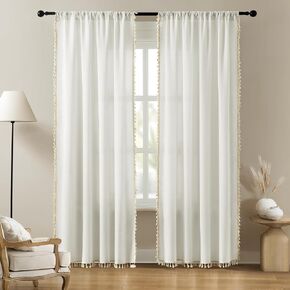 HOMEIDEAS Ivory Cream Boho Curtains for Bedroom, Farmhouse Curtains 84 inches Length 2 Panels Set, Rod Pocket Privacy Light Filtering Living Room Curtains, Country Rustic Linen Curtains