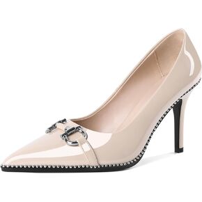 Soireelady Womens High Heel Beaded Pumps Closed Pointed Toe Stiletto Heels Buckle Bow Slip On Fashion Dress Shoes Patent 3.5 Inch