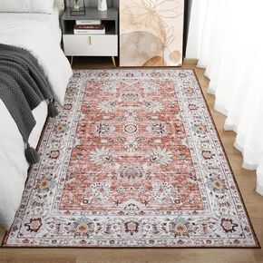 Machine Washable Rug 4x6 Area Rug, Boho Rugs for Bedroom Bedside Living Room Dining Room Office, Anti Slip Low-Pile Stain Resistant Printed Vintage Floral Carpet, Brick