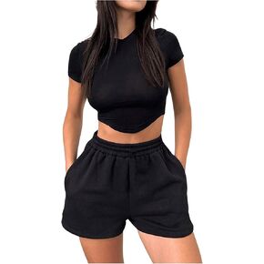 Women's Summer 2 Piece Outfits Sets Short Sleeve Asymmetrical Crop Tops Elastic High Waisted Track Shorts Set in Saudi Arabia