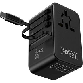 محول السفر العالمي FOVAL، محول طاقة دولي 35 وات مع كابل USB C، USB C & 2 منافذ USB A QC، محول محول توصيل عالمي الكل في واحد لأوروبا والمملكة المتحدة والولايات المتحدة الأمريكية (النوع C/G/A/I)