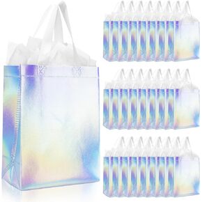 ISUSSER 25 Pack Holographic Gift Bags With White Handles Gift Bags with Tissue Papers Non Woven Reusable Handled Gift Bags Glossy Welcome Bags for Shopping Birthday Party Wedding, 8 x 4 x 10 Inch