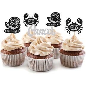 24Pcs Cancer Cupcake Toppers, Zodiac Themed Birthday Cake Picks, Big Cancer Energy, Cancer Season, Cancer Birthday Party Decorations, Silver ＆ Black Glitter