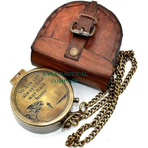 Antique Pocket Chain Compass to My Husband Brass Locket Compass with Engraved Brass Compass on Chain with Leather case, by Brass Nautical Compass, Antique Brown, 2.5 X 2.5 X 0.90''