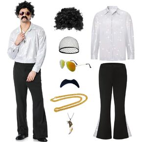 Disco Outfit Men 70s Costume Men, 70s Disco Outfit for Men with Shirts Bell Bottom Pants Wigs Mustache Necklace Sunglasses
