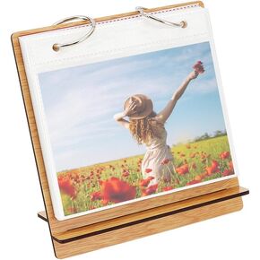 OLYCRAFT 5.7x6 inch Photo Desk Album Wood Photo Frames Wooden Flip Photo Album Desktop Displaying Frames Table Picture Holder Book Frames for 5 inch Photo Tabletop Display - 24 Pockets