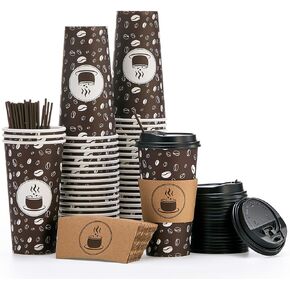 JOLLY PARTY 10oz(100 Pack) Disposable Coffee Cups with Lids, Sleeves and Straws - Paper Coffee Cups with Lids, Durable,BPA Free Hot Coffee Cups for Shops, Cafes, and Concession Stands.(Dark Brown)