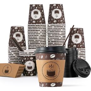 JOLLY PARTY 10oz(100 Pack) Disposable Coffee Cups with Lids, Sleeves and Straws - Paper Coffee Cups with Lids, Durable,BPA Free Hot Coffee Cups for Shops, Cafes, and Concession Stands.(Dark Brown)