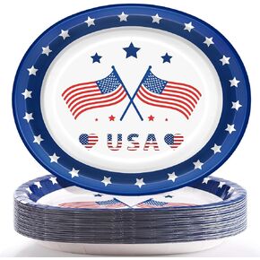 50 طبقًا من أطباق الرابع من يوليو الورقية باللون الأزرق البيضاوي مقاس 30.48 سم × 25.4 سم - لوازم حفلات الرابع من يوليو ديكورات وطنية لعيد الاستقلال in Kuwait