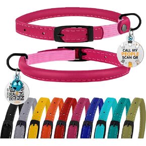 BRONZEDOG Cat Collar with Bell Kitten Rolled Leather Collars Safety QR ID Name Tag (8" - 11", Pink Berry)