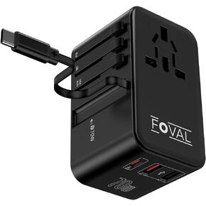FOVAL Universal Travel Adapter, GaN 70W International Power Adapter with USB C Cable, USB C (PD 70W)&2 USB A QC Ports, Worldwide Plug Adapter Converter for Europe UK US AUS (Type C/G/A/I)