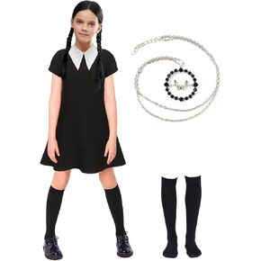 Girls Dress Costume Kids Black Dress with Socks Necklace Short Sleeve Casual Dress Halloween Costumes in Kuwait