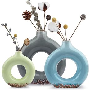 3PCS Ceramic Vases for Home Décor, Rustic Round Circle Decorative Flower Vase for Table, Centerpieces, Farmhouse, Living Room Decor, Green Blue Gray