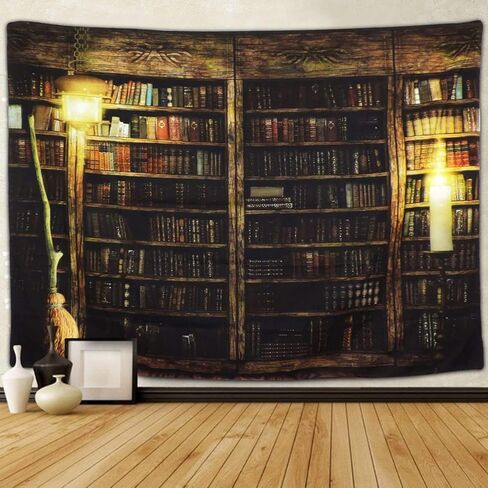 FRAMICS مكتبة خمر رف الكتب نسيج الجدار شنقا 70.8 "× 92.5" غرفة الدراسة صورة الفن طباعة نسيج الرجعية رف الكتب جدار الفن البوهيمي الهبي جدار المفروشات لغرفة النوم الكلية النوم in Kuwait