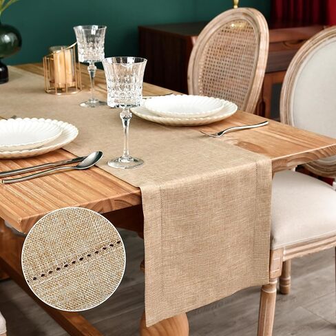 Farmhouse Hemstitch Border Table Runner Faux Linen Rustic Table Runners Solid Beige Rectangle Table Decoration for Dining Coffee Table Home Kitchen Party 13x36 Inch in Kuwait