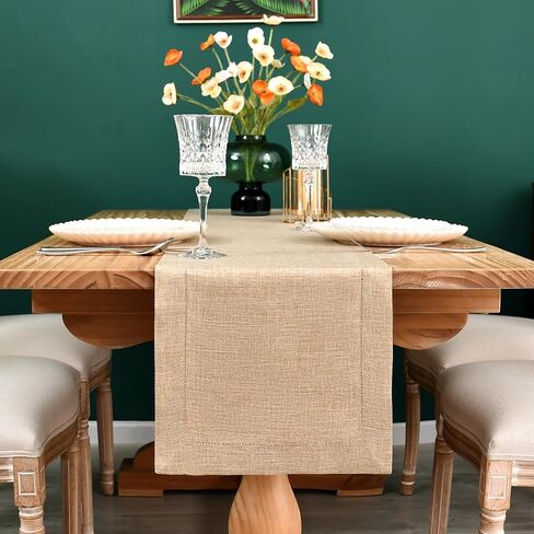 Farmhouse Hemstitch Border Table Runner Faux Linen Rustic Table Runners Solid Beige Rectangle Table Decoration for Dining Coffee Table Home Kitchen Party 13x36 Inch in Kuwait