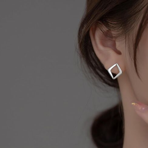 Reffeer Solid 925 Sterling Silver Hollow Stud Earrings for Women Teen Girls Square Earrings Open Stud Earrings in Saudi Arabia
