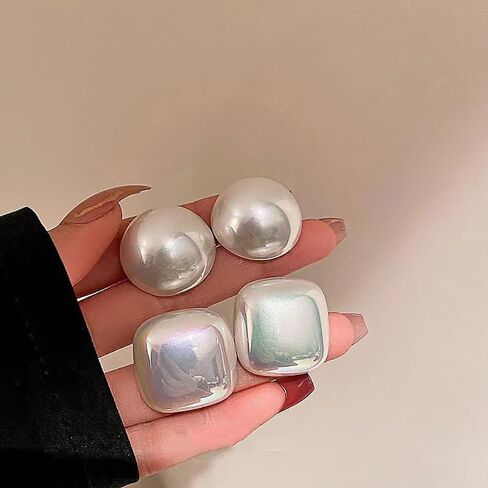 Large Pearl Geometric Earrings Silver Simple Stud Bohemian Statement Earrings for Women Girls Wedding Daily Party in Kuwait