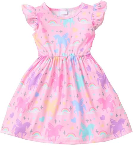 Baby Girls Dress Unicorn Casual Flutter Sleeve Swing Sundress Birthday Party Summer Playwear Dresses 1-8 Years Old in Kuwait
