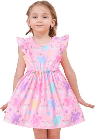 Baby Girls Dress Unicorn Casual Flutter Sleeve Swing Sundress Birthday Party Summer Playwear Dresses 1-8 Years Old in Kuwait