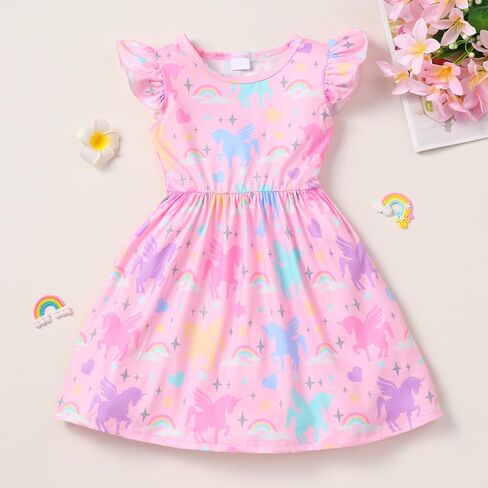 Baby Girls Dress Unicorn Casual Flutter Sleeve Swing Sundress Birthday Party Summer Playwear Dresses 1-8 Years Old in Kuwait