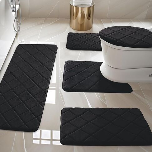 YIHOUSE Bathroom Rugs, Memory Foam Toilet Bath Mat U-Shaped, Toilet Lid Cover Set with U Shaped Toilet Rug, Water Absorption, Non-Slip, Machine Wash(24"x 20"+16"x 18",Black) in Saudi Arabia