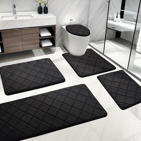 YIHOUSE Bathroom Rugs, Memory Foam Toilet Bath Mat U-Shaped, Toilet Lid Cover Set with U Shaped Toilet Rug, Water Absorption, Non-Slip, Machine Wash(24"x 20"+16"x 18",Black) in Saudi Arabia