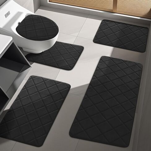YIHOUSE Bathroom Rugs, Memory Foam Toilet Bath Mat U-Shaped, Toilet Lid Cover Set with U Shaped Toilet Rug, Water Absorption, Non-Slip, Machine Wash(24"x 20"+16"x 18",Black) in Saudi Arabia