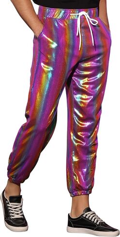 Lars Amadeus Metallic Pants for Men's Sparkle Rainbow Sweatpants Disco Holographic Pants in Saudi Arabia