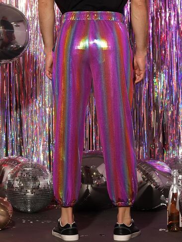 Lars Amadeus Metallic Pants for Men's Sparkle Rainbow Sweatpants Disco Holographic Pants in Saudi Arabia