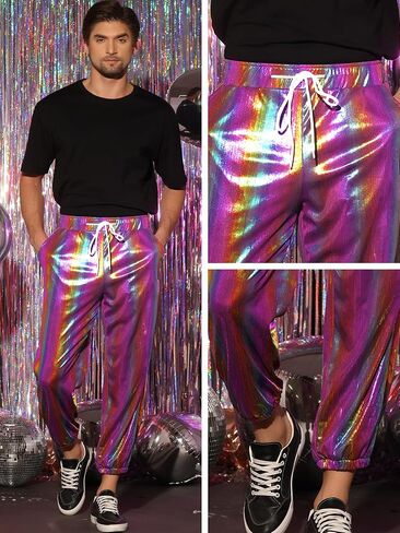 Lars Amadeus Metallic Pants for Men's Sparkle Rainbow Sweatpants Disco Holographic Pants in Saudi Arabia