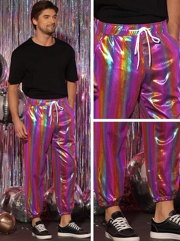 Lars Amadeus Metallic Pants for Men's Sparkle Rainbow Sweatpants Disco Holographic Pants in Saudi Arabia