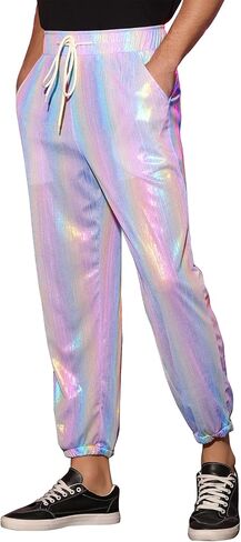Lars Amadeus Metallic Pants for Men's Sparkle Rainbow Sweatpants Disco Holographic Pants in Saudi Arabia
