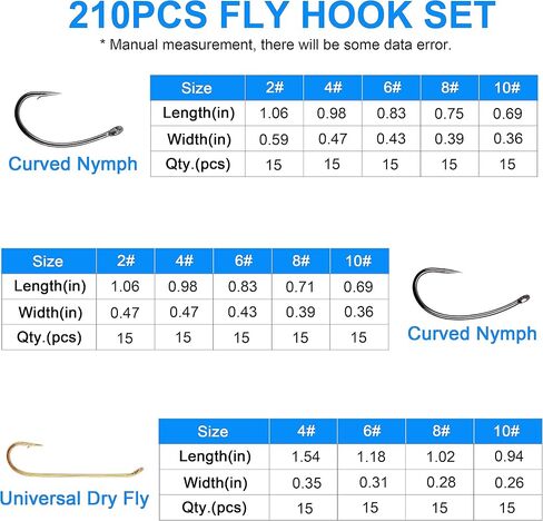 Fly Hooks Fly Tying Hooks Kit, 210pcs Dry Wet Curved Nymph Caddies Flies High Carbon Steel Fly Tying Fishing Hooks in Saudi Arabia