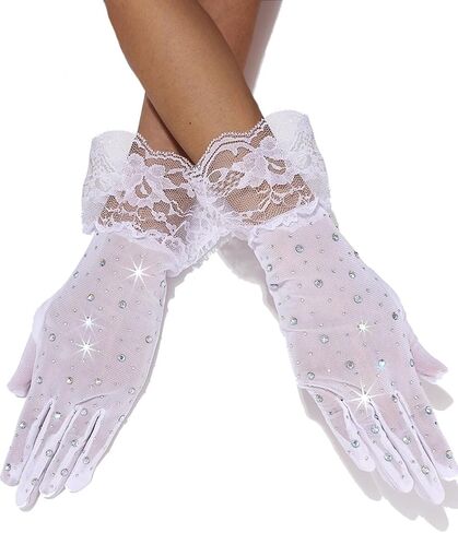 Glitter Rhinestones Lace Gloves Mesh Finger Wrist Gloves Short Tea Party Gloves for Women and Girls in Saudi Arabia