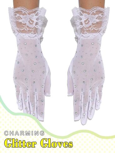 Glitter Rhinestones Lace Gloves Mesh Finger Wrist Gloves Short Tea Party Gloves for Women and Girls in Saudi Arabia